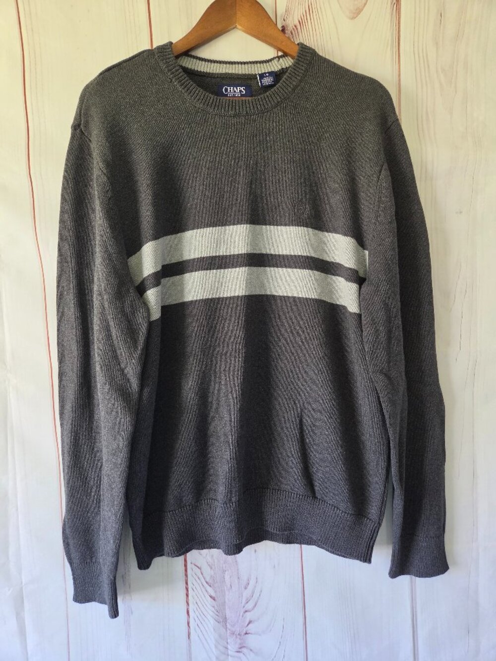 Chaps 100% Cotton Striped Crewneck Sweater Men’s L Charcoal gray stripe Y2K